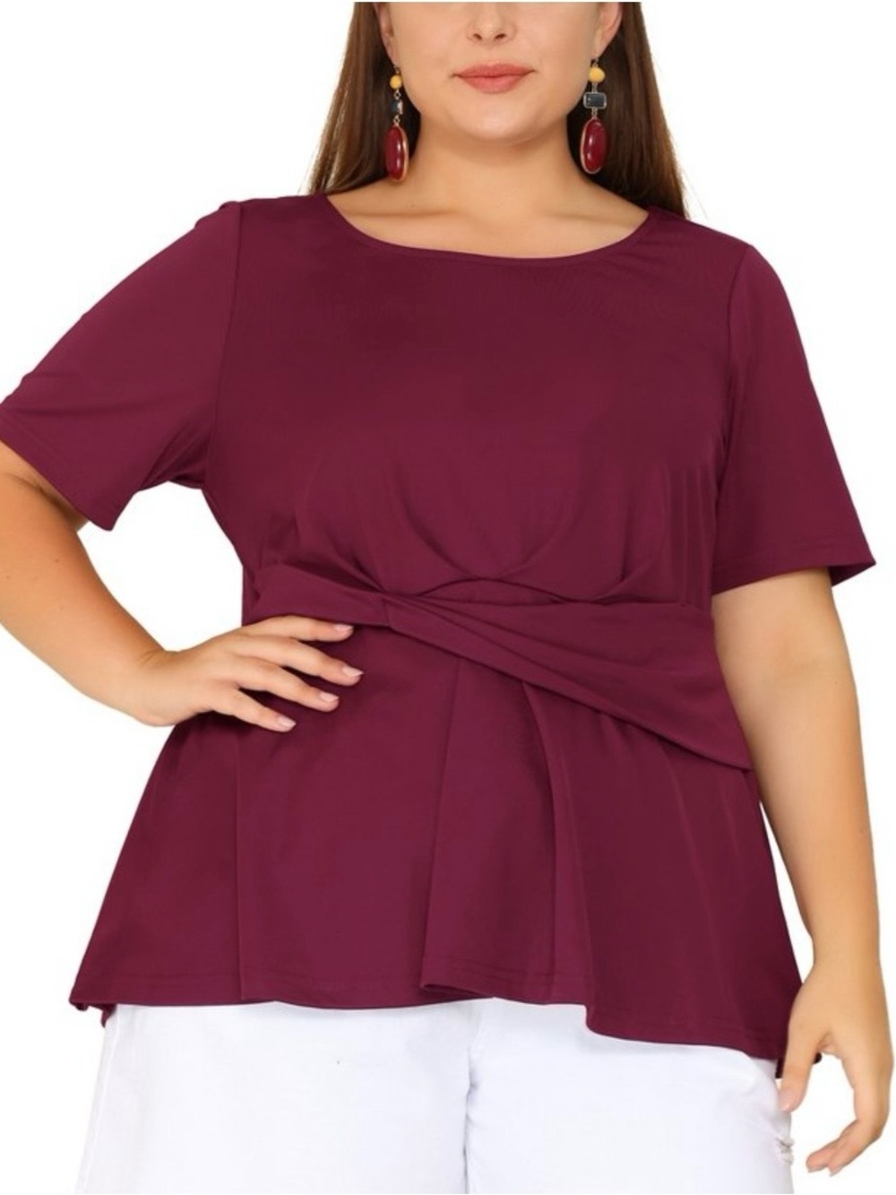 Agnes Orinda Crew Neck Twisted Knot Front Short Sleeve Summer Peplum Blouse